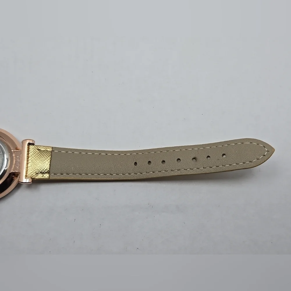 Womens Strada Rose Gold Tone Diamond Cut Bezel Watch Leather Sparkle New Battery